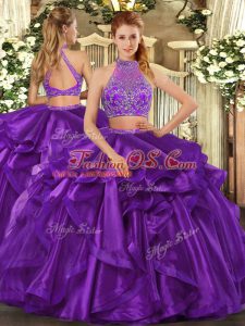 Floor Length Eggplant Purple 15th Birthday Dress Halter Top Sleeveless Criss Cross
