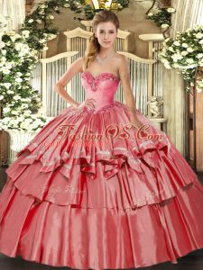 Fitting Ball Gowns 15th Birthday Dress Coral Red Sweetheart Organza and Taffeta Sleeveless Floor Length Lace Up