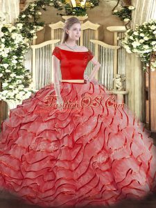 Extravagant Ruffled Layers Quince Ball Gowns Coral Red Zipper Short Sleeves Brush Train
