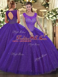 Floor Length Backless Ball Gown Prom Dress Purple for Military Ball and Sweet 16 and Quinceanera with Beading