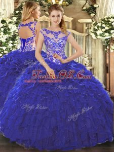 Scoop Cap Sleeves Sweet 16 Quinceanera Dress Floor Length Beading and Ruffles Royal Blue Organza