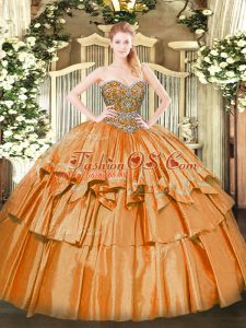 Unique Orange Ball Gowns Beading and Ruffled Layers Ball Gown Prom Dress Lace Up Organza Sleeveless Floor Length