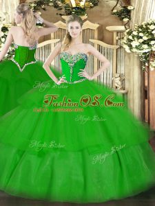 Cheap Sleeveless Tulle Floor Length Lace Up Ball Gown Prom Dress in Green with Beading and Ruffled Layers