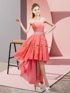 Custom Fit High Low Lace Up Evening Dress Watermelon Red for Prom and Party with Beading