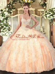 Smart Peach Ball Gowns Straps Sleeveless Tulle Floor Length Lace Up Beading and Ruffles Sweet 16 Dress