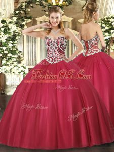 Red Lace Up Sweetheart Beading Sweet 16 Dresses Tulle Sleeveless