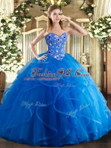Royal Blue Ball Gowns Tulle Scoop Sleeveless Embroidery and Ruffles Floor Length Lace Up Quince Ball Gowns