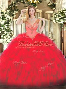 Red Lace Up Quinceanera Dresses Beading and Ruffles Sleeveless Floor Length