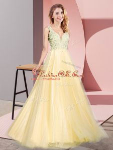 Custom Fit Gold A-line Tulle V-neck Sleeveless Lace Floor Length Zipper Womens Party Dresses