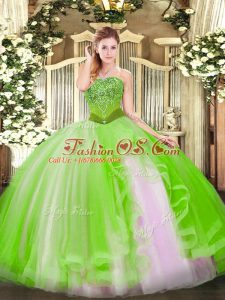 Tulle Strapless Sleeveless Lace Up Beading and Ruffles 15th Birthday Dress in