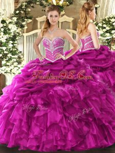 Fuchsia Lace Up Sweet 16 Dresses Beading and Ruffles and Pick Ups Sleeveless Floor Length