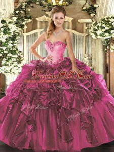 Custom Fit Fuchsia Organza Lace Up 15 Quinceanera Dress Sleeveless Floor Length Beading and Ruffles