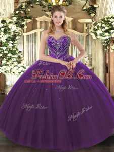 Admirable Dark Purple Lace Up Sweetheart Beading Quinceanera Dresses Tulle Sleeveless