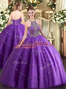 Floor Length Lace Up Sweet 16 Dresses Purple for Military Ball and Sweet 16 and Quinceanera with Beading and Appliques