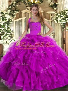Customized Sleeveless Floor Length Ruffles Lace Up Sweet 16 Quinceanera Dress with Fuchsia