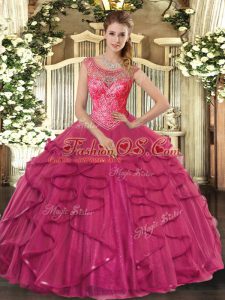 Hot Pink Sweet 16 Dress Sweet 16 and Quinceanera with Beading and Ruffles Scoop Sleeveless Lace Up
