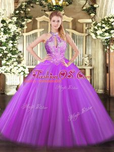 Luxury Purple Ball Gowns Tulle Halter Top Sleeveless Sequins Floor Length Lace Up Vestidos de Quinceanera