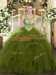 Dazzling Ball Gowns Vestidos de Quinceanera Olive Green Scoop Tulle Sleeveless Floor Length Lace Up