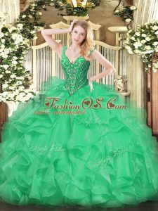 Fantastic Green Organza Lace Up V-neck Sleeveless Floor Length 15 Quinceanera Dress Beading and Ruffles