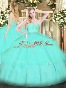 Apple Green Sweetheart Neckline Beading and Lace and Ruffled Layers 15th Birthday Dress Sleeveless Zipper