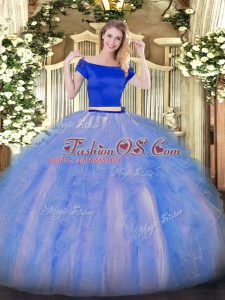 Sophisticated Blue And White Short Sleeves Floor Length Appliques and Ruffles Zipper Sweet 16 Dress