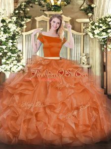 Sexy Orange Red Sweet 16 Dress Military Ball and Sweet 16 and Quinceanera with Appliques and Ruffles Off The Shoulder Short Sleeves Zipper