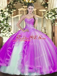 Simple Lilac Sweetheart Neckline Beading and Ruffles Quinceanera Dress Sleeveless Lace Up