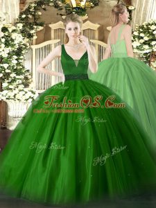 Luxury Green Tulle Zipper Ball Gown Prom Dress Sleeveless Floor Length Beading