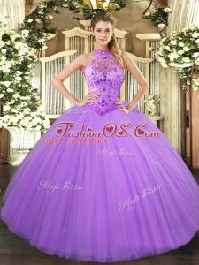 Romantic Sleeveless Floor Length Beading and Embroidery Lace Up Sweet 16 Quinceanera Dress with Lavender