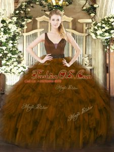 Brown Ball Gowns Organza Straps Sleeveless Beading and Ruffles Floor Length Zipper 15 Quinceanera Dress