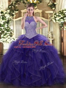 Exceptional Purple Halter Top Lace Up Beading and Ruffled Layers Vestidos de Quinceanera Sleeveless