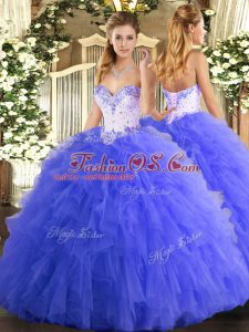 Floor Length Ball Gowns Sleeveless Blue Quinceanera Gown Lace Up