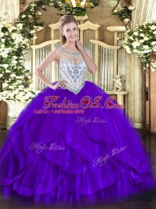 Purple Zipper Quinceanera Gowns Beading and Ruffles Sleeveless Floor Length