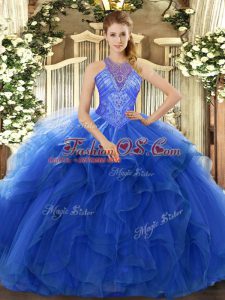 High-neck Sleeveless Organza Quinceanera Dress Beading and Ruffles Lace Up