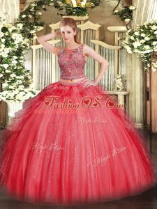 Attractive Coral Red Lace Up Scoop Beading and Ruffles Quinceanera Dress Tulle Sleeveless