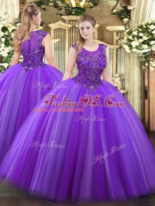 Pretty Eggplant Purple Ball Gowns Tulle Scoop Sleeveless Beading Floor Length Zipper Quince Ball Gowns