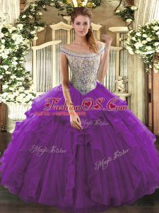 New Arrival Eggplant Purple Off The Shoulder Lace Up Beading and Ruffles Quinceanera Dress Sleeveless