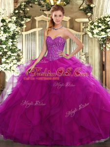 Beautiful Sleeveless Floor Length Beading and Ruffles Lace Up Vestidos de Quinceanera with Fuchsia