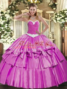 Dazzling Lilac Ball Gowns Organza and Taffeta Sweetheart Sleeveless Appliques and Ruffled Layers Floor Length Lace Up Sweet 16 Dress