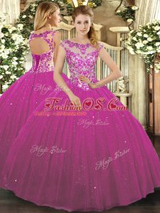 Fitting Cap Sleeves Lace Up Floor Length Beading and Appliques Sweet 16 Dress