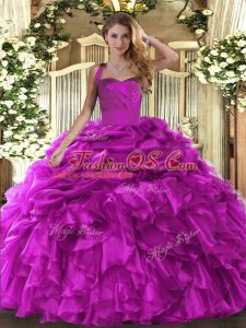 Modern Sleeveless Floor Length Ruffles and Pick Ups Lace Up Quinceanera Dresses with Fuchsia