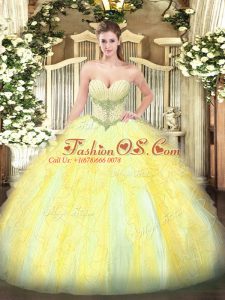 Floor Length Gold Quince Ball Gowns Tulle Sleeveless Beading and Ruffles