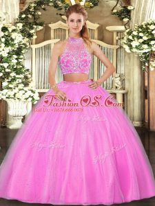 Dramatic Hot Pink Halter Top Criss Cross Beading Quinceanera Gown Sleeveless