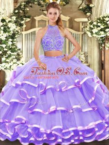 Beading and Ruffled Layers Sweet 16 Quinceanera Dress Lavender Criss Cross Sleeveless Floor Length
