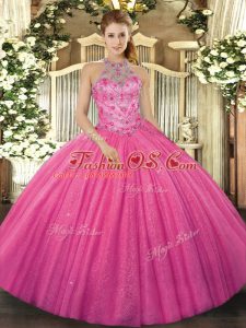 Hot Pink Ball Gowns Halter Top Sleeveless Tulle Floor Length Lace Up Beading and Embroidery Vestidos de Quinceanera