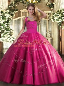 Inexpensive Hot Pink Ball Gowns Halter Top Sleeveless Tulle Floor Length Lace Up Appliques Sweet 16 Dress