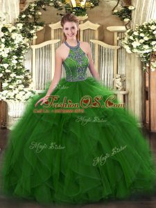 Captivating Green Quinceanera Dress Military Ball and Sweet 16 and Quinceanera with Beading and Ruffles Halter Top Sleeveless Lace Up