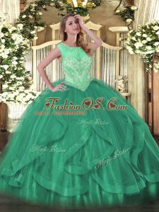 Top Selling Floor Length Turquoise Ball Gown Prom Dress Tulle Sleeveless Beading and Ruffles