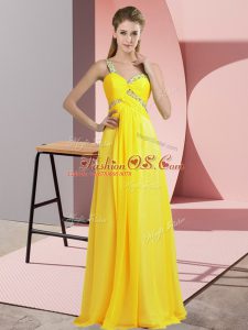Top Selling Yellow One Shoulder Neckline Beading Prom Evening Gown Sleeveless Lace Up