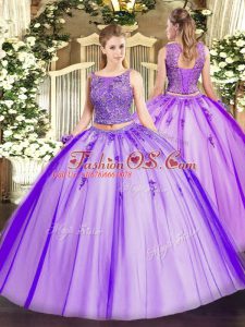Captivating Sleeveless Floor Length Beading and Appliques Lace Up Quince Ball Gowns with Lavender